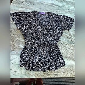 Lavender Sky Black White Smocked Flutter Sleeve Top Medium